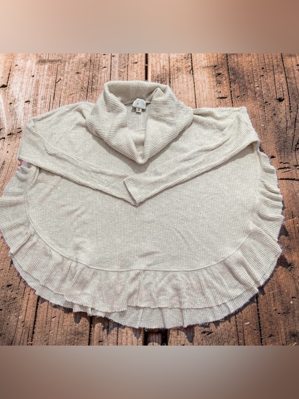 Anthropologie Postmark Tan Turtleneck Sweater with Ruffled‎ Hem & Sides